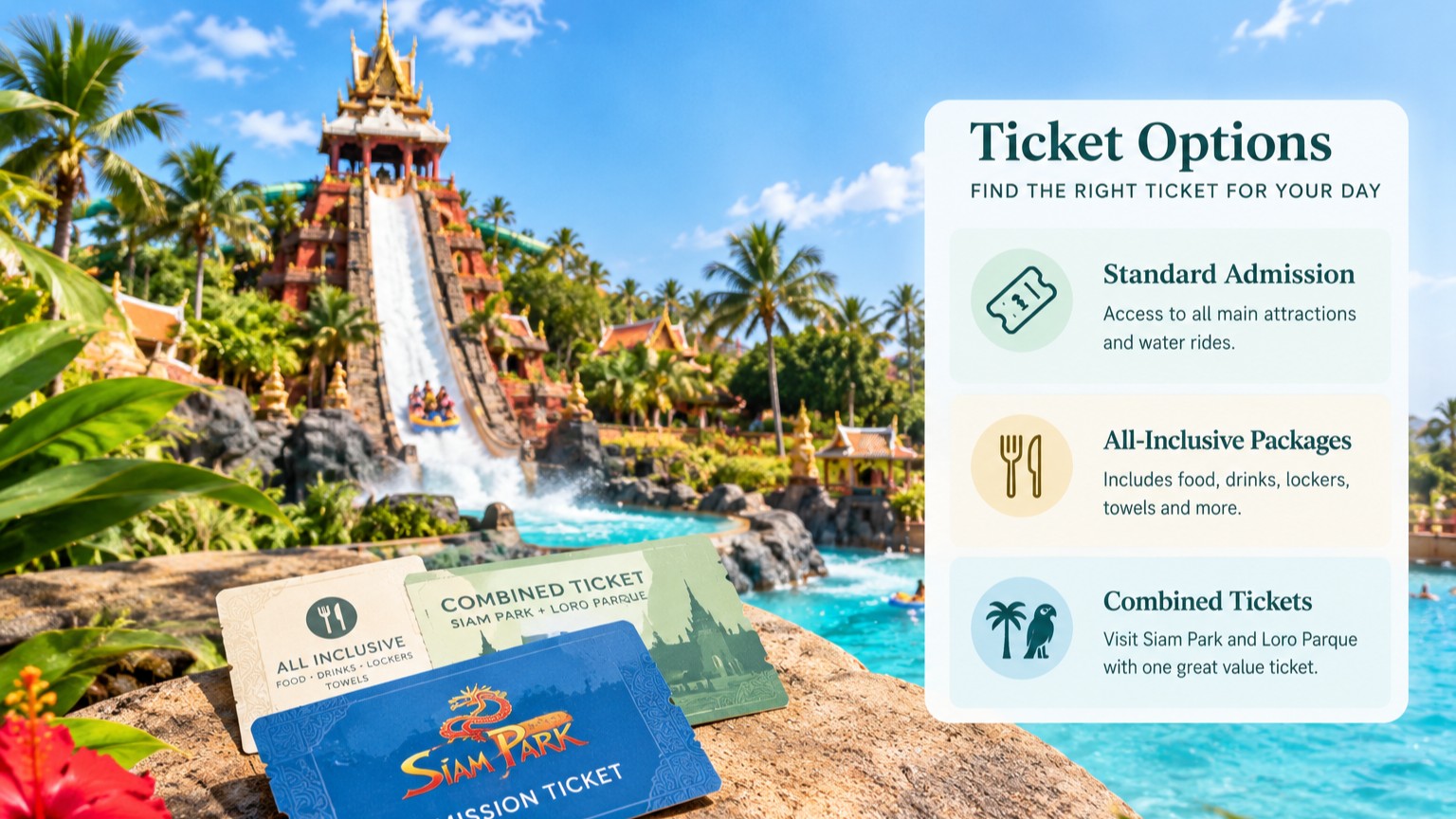 Siam Park Tenerife ticket options with tropical water slides and turquoise pools.
