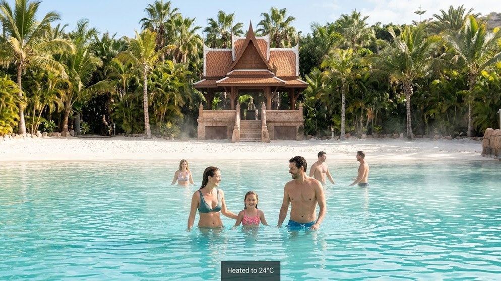Tropical wave pool and relaxation beach area at Siam Park Tenerife